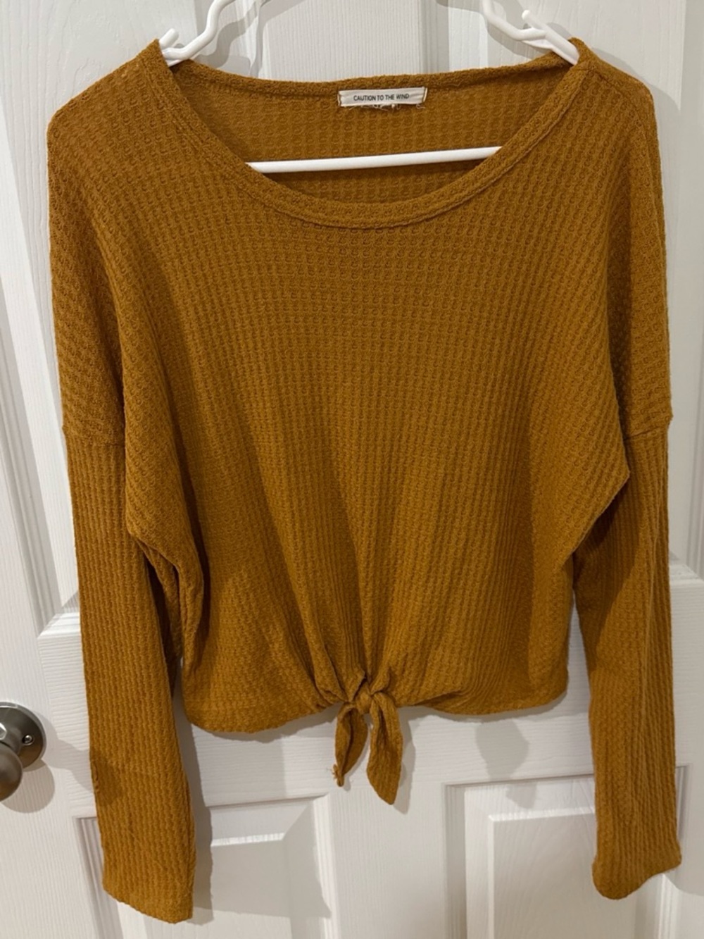 Caution To The Wind Mustard Tie-Front Waffle Knit Long Sleeve Top